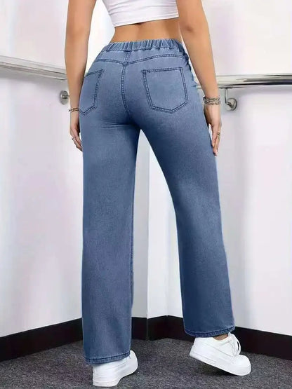 Women's Straight-Leg Jeans Elastic Waistband Drawstring Comfort Fit Casual Stretch Denim Pants