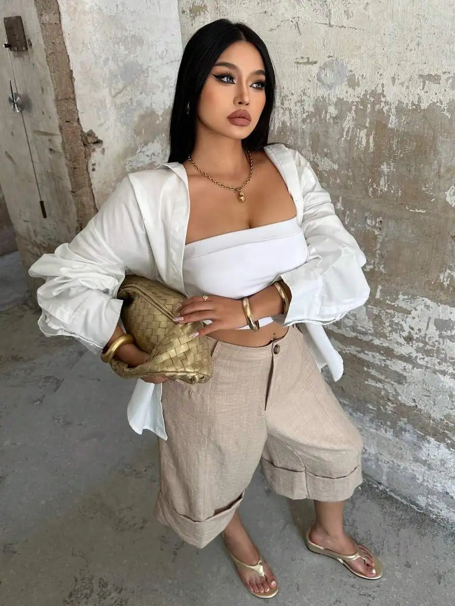 POPSWAY New Elegant Fashion Casual Design Cuffed Hem Capri Length High Waist Wide Leg Pants