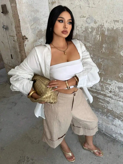 POPSWAY New Elegant Fashion Casual Design Cuffed Hem Capri Length High Waist Wide Leg Pants