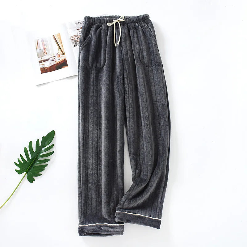 New Plush Winter Thick Sleep Men Pants Flannel Sleep Bottoms Plus Velvet Home Pajama Coral Fleece Male Sleepwear With Pocket