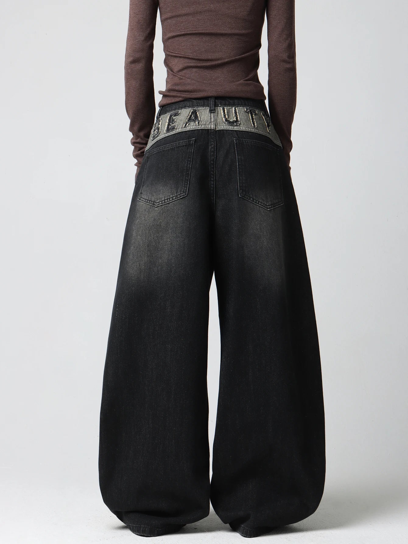 Women's American Vintage Applique Embroidery Design Black Loose Wide-Leg Jeans