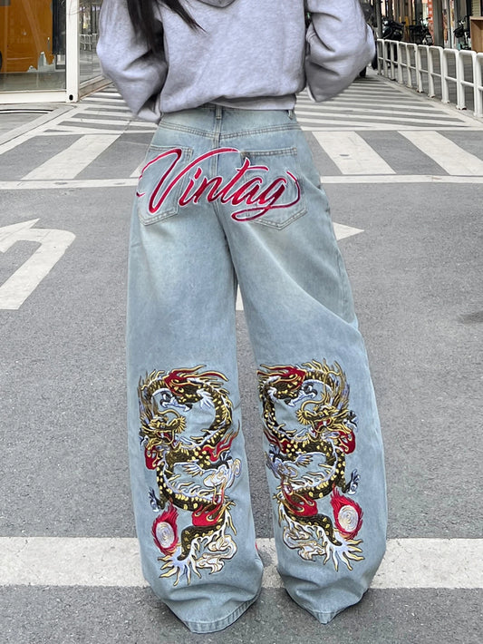American Retro Heavyweight Colorful Dragon Letter Embroidery Loose Jeans, Street Hip-Hop Trendy Versatile Light Blue Wide-Leg Pants For Women
