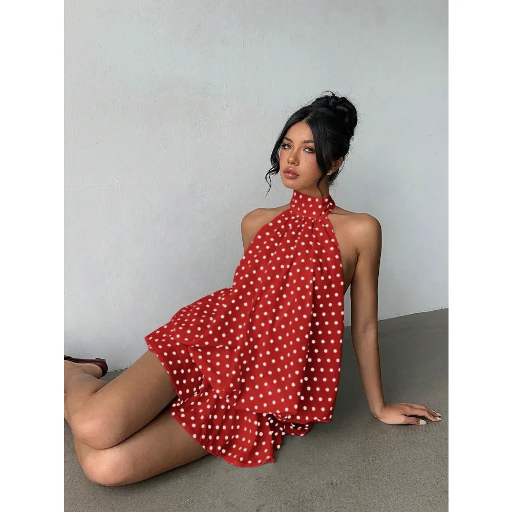 Women White Black Polka Dot Halter Mini Dress Summer Sleeveless Ruffle Tiered Short Dress Elegant Party Clubwear A-Line Vestidos