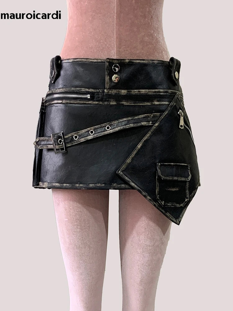 Mauroicardi Summer Distressed Black Pu Leather Mini Asymmetrical Skirts for Woman High Waist Short Emo Clothes New Arrivals 2025