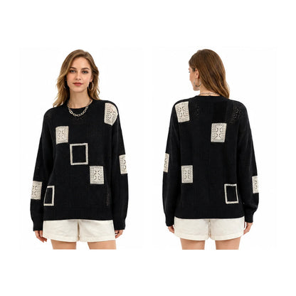 Color Block Square Patchwork Knit Sweater for Women, Hollow Cable Knit Crew Neck Long Sleeve Pullover, Loose Drop Shoulder Casual Jumper for Fall Winter