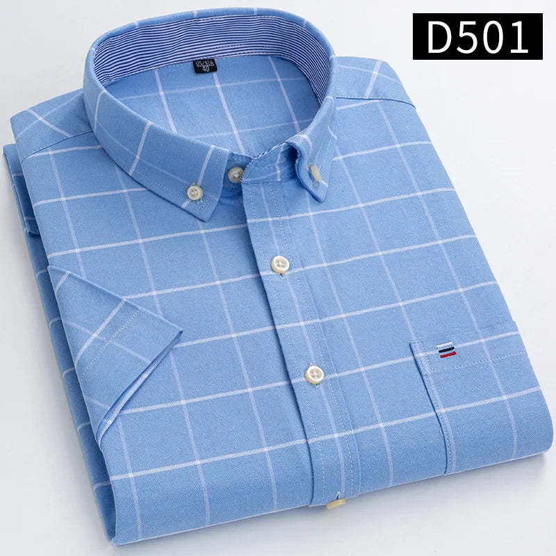 New Men's Social Shirt Short Sleeve 100% Pure Cotton Oxford Soft Buttoned Plaid Formal Male Clothes Pocket Social Shirt S-7XL