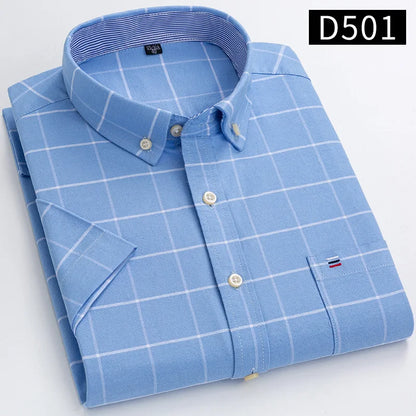 New Men's Social Shirt Short Sleeve 100% Pure Cotton Oxford Soft Buttoned Plaid Formal Male Clothes Pocket Social Shirt S-7XL