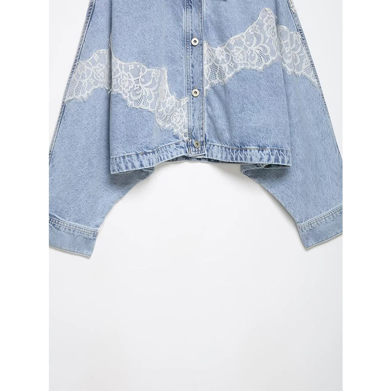 YENKYE New 2026 Women's Light Blue Lace Patchwork Cropped Denim Jacket Front Button Long Sleeve Loose Coat Streetwear