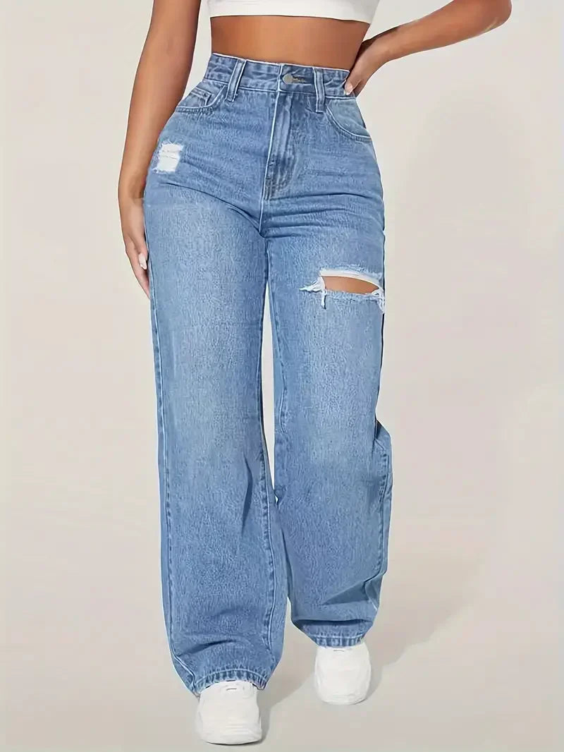 Trendy Wide Leg Distressed Straight Jeans for Women Elastic Casual Bootcut Denim Pants Bestseller Fashionable Ladies Jeans