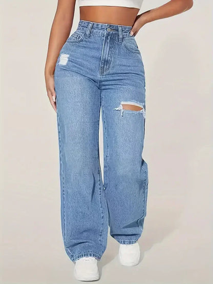 Trendy Wide Leg Distressed Straight Jeans for Women Elastic Casual Bootcut Denim Pants Bestseller Fashionable Ladies Jeans