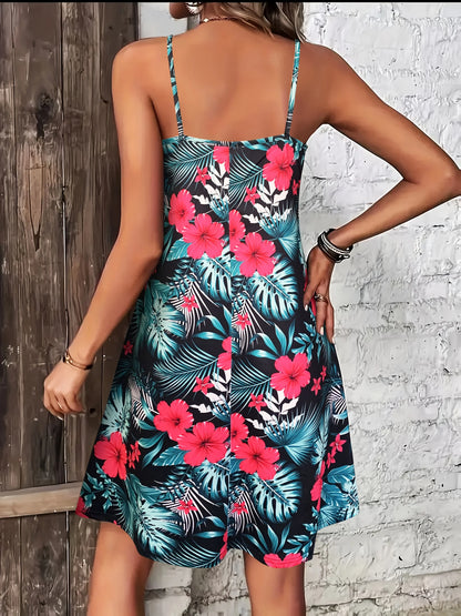 Summer Vacation Style Print V-Neck Spaghetti Strap Dress，Camisole Dress for vacation outfits,bohemia dresses for women summer
