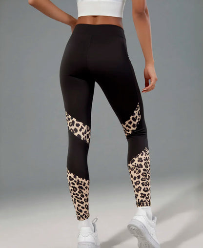 Women's High Waist Leopard Print Leggings Slim Fit Sports Pants Side Pockets Activewear