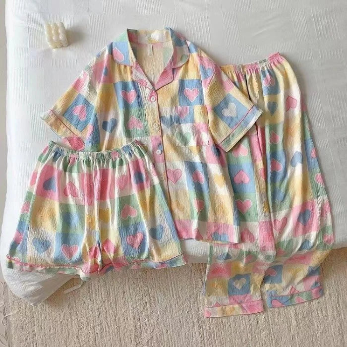 Polka Dot Elegant Women 3PCS Pajama Set Sleepwear Pajama Set Top and Pant with Shorts 3 Piece Set Home Suit Sweet Outfits Y2K