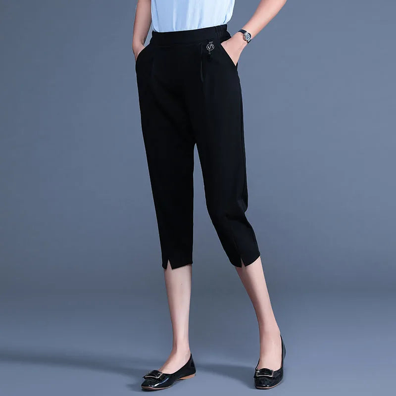 Quality White Cropped Pants With Elastic Waist for Women's Loose Fitting Summer Fit 2023 New Oversized Slim5XL Fit Versatile