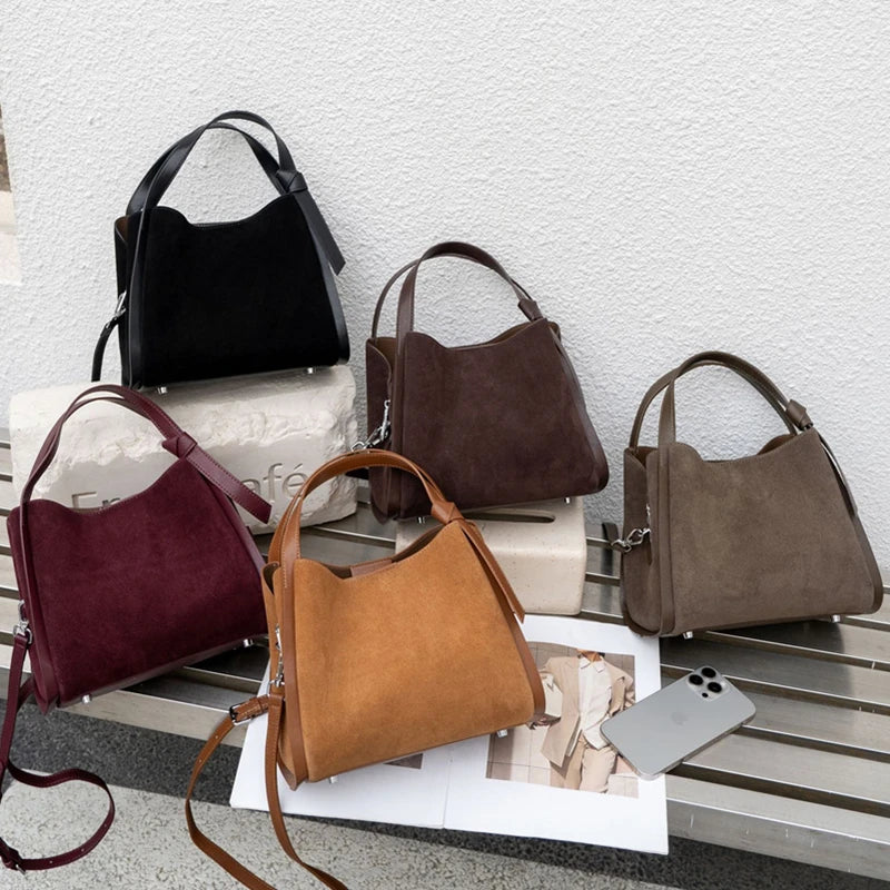 HIFASHION Luxury Genuine Leather Suede Bucket Bag For Women Vintage Top Handle Handbags Office Work Shoulder Crossbody Purses