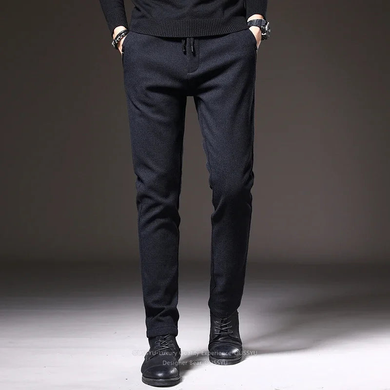 Good Quality Autumn Casual Pants Men Business Slim Elastic Waist Stretch Work Brushed Fabric Blue Trousers Male Brand Clothes