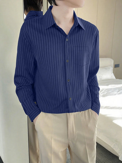 Spring and autumn high-end black striped shirt for men, long sleeve business casual daily commuting shirt.