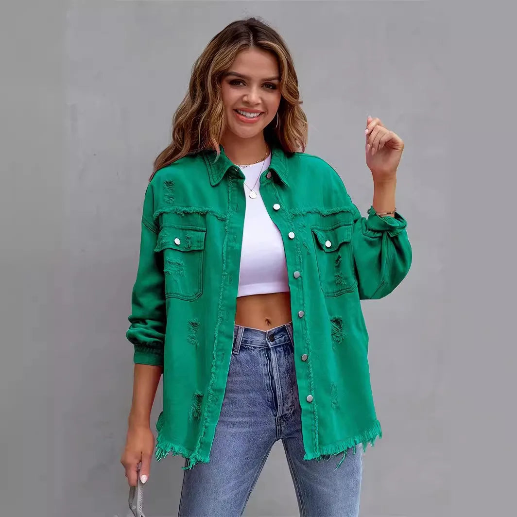New Solid Colour Mid-length Hole Long-Sleeved Denim Jacket Denim Jacket Women