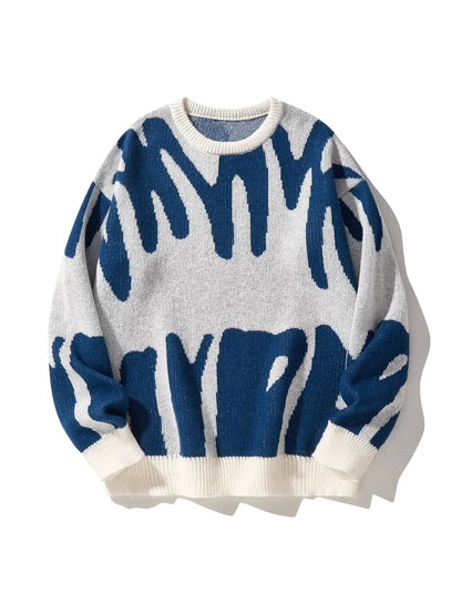 New Trendy Autumn and Winter Irregular Jacquard Pattern Pullover Sweater Casual Round Neck Color-Blocking Knit Men's Pullover
