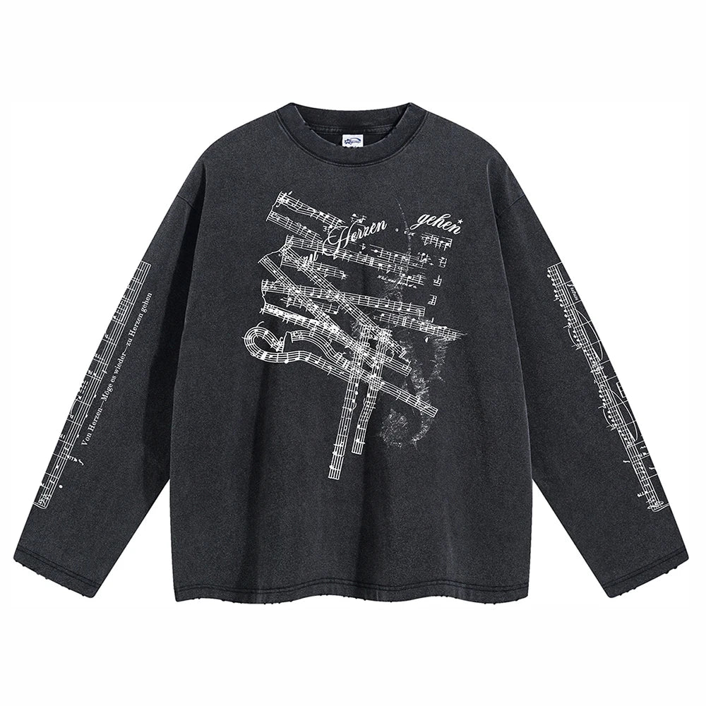 Gothic Print Oversized Y2k T-shirt Men Clothing Distressed Ripped Graphic T Shirts Vintage Punk Man Tops Long Sleeve Cotton Tees