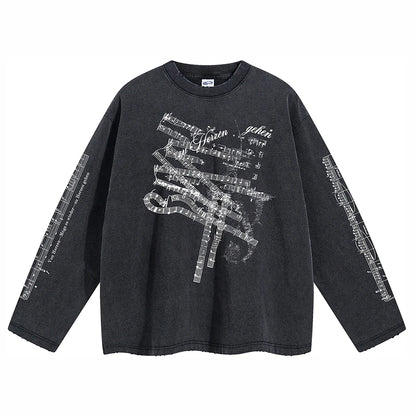 Gothic Print Oversized Y2k T-shirt Men Clothing Distressed Ripped Graphic T Shirts Vintage Punk Man Tops Long Sleeve Cotton Tees