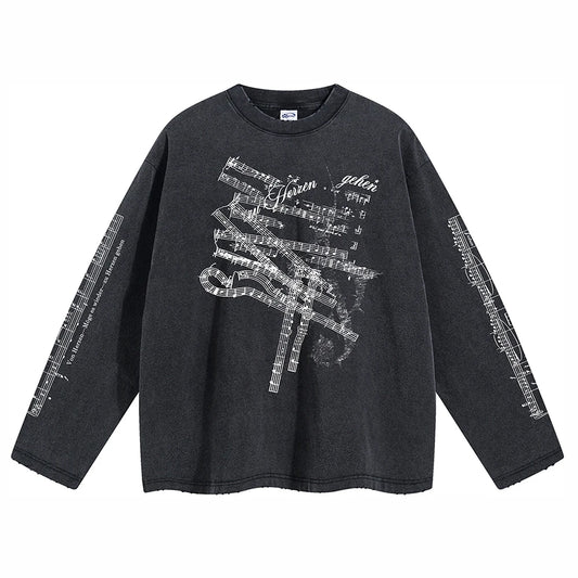 Gothic Print Oversized Y2k T-shirt Men Clothing Distressed Ripped Graphic T Shirts Vintage Punk Man Tops Long Sleeve Cotton Tees
