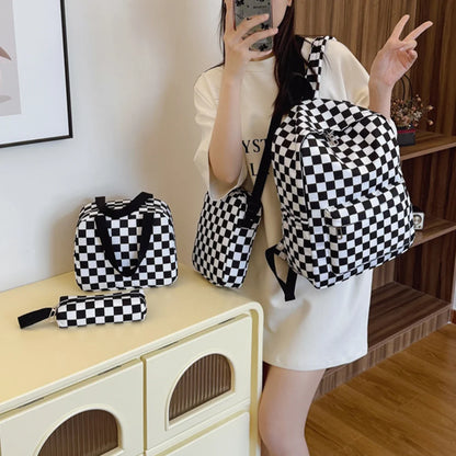 Checkerboard 4Pcs Backpack Set Crossbody &handbag &Pen Case Stitching Multi Pocket Adjustable Straps