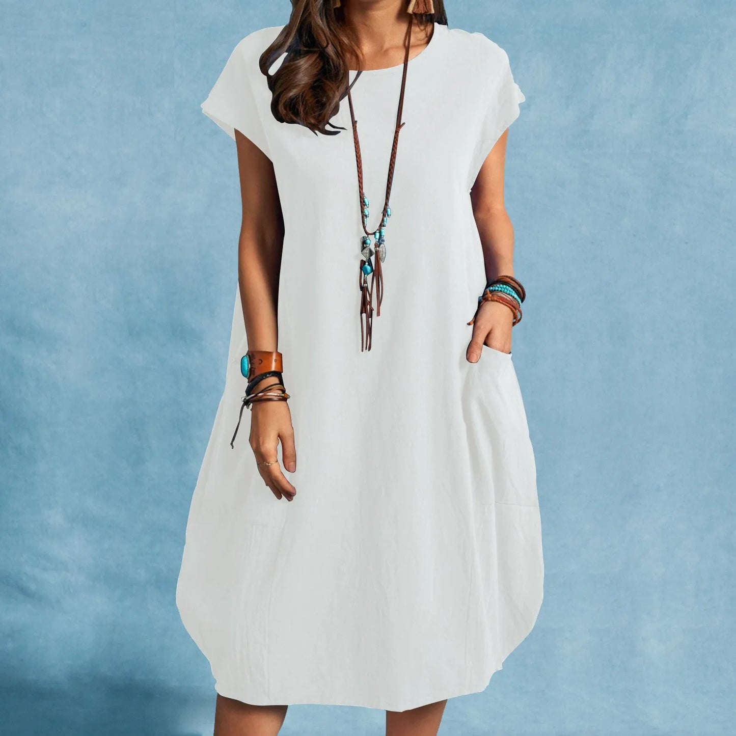 Spring and Summer Europe and the United States Amazon stand alone ebay cotton linen loose casual pure color pocket dress ladies