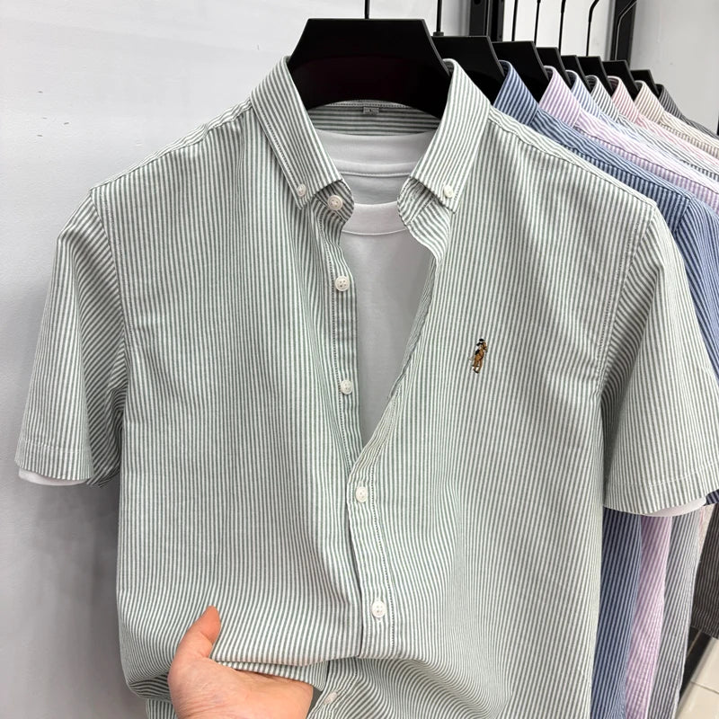 High End Brand Embroidered Striped Shirt Men's Short Sleeved Lapel Business Breathable Shirt Summer New Pure Cotton Jacket