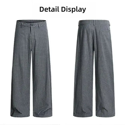 Vintage Pleated Check Trousers Men Relaxed-Fit, Versatile Casual Trousers with a Lazy Vibe Soft Comfortable