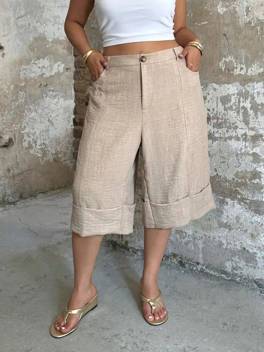 POPSWAY New Elegant Fashion Casual Design Cuffed Hem Capri Length High Waist Wide Leg Pants
