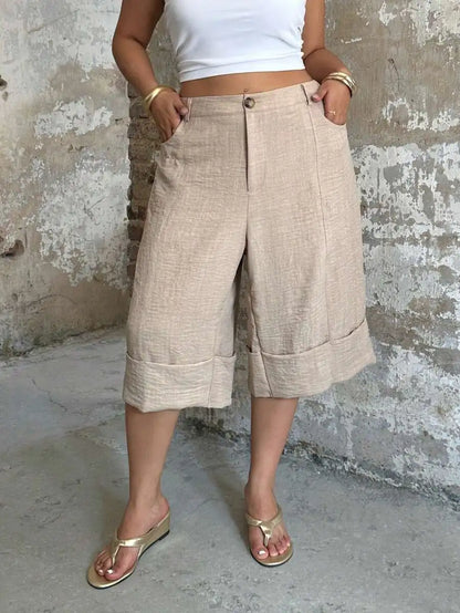POPSWAY New Elegant Fashion Casual Design Cuffed Hem Capri Length High Waist Wide Leg Pants