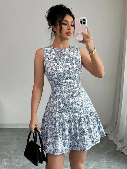 Spring/Summer Boho And French-Style Blue And White Floral Dress, Sleeveless With A Round Neckline