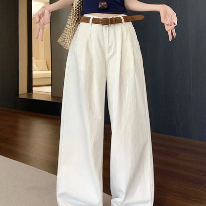 Y2K Korean Style Women's White High Waisted Wide Leg Jeans 2026 Spring Summer New Pleated Design Draped Casual Pants Streetwear