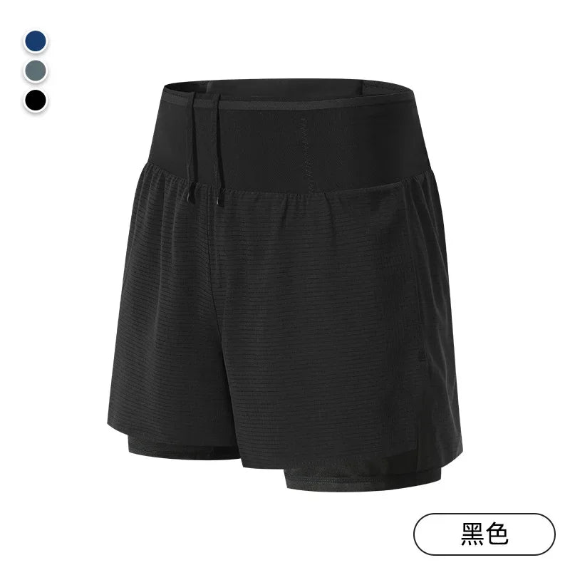Double Deck Sports Shorts Men 2 in 1 Marathon Fitness Running Shorts Male Short Gym Man Basketball Workout Pants Multi-pocket