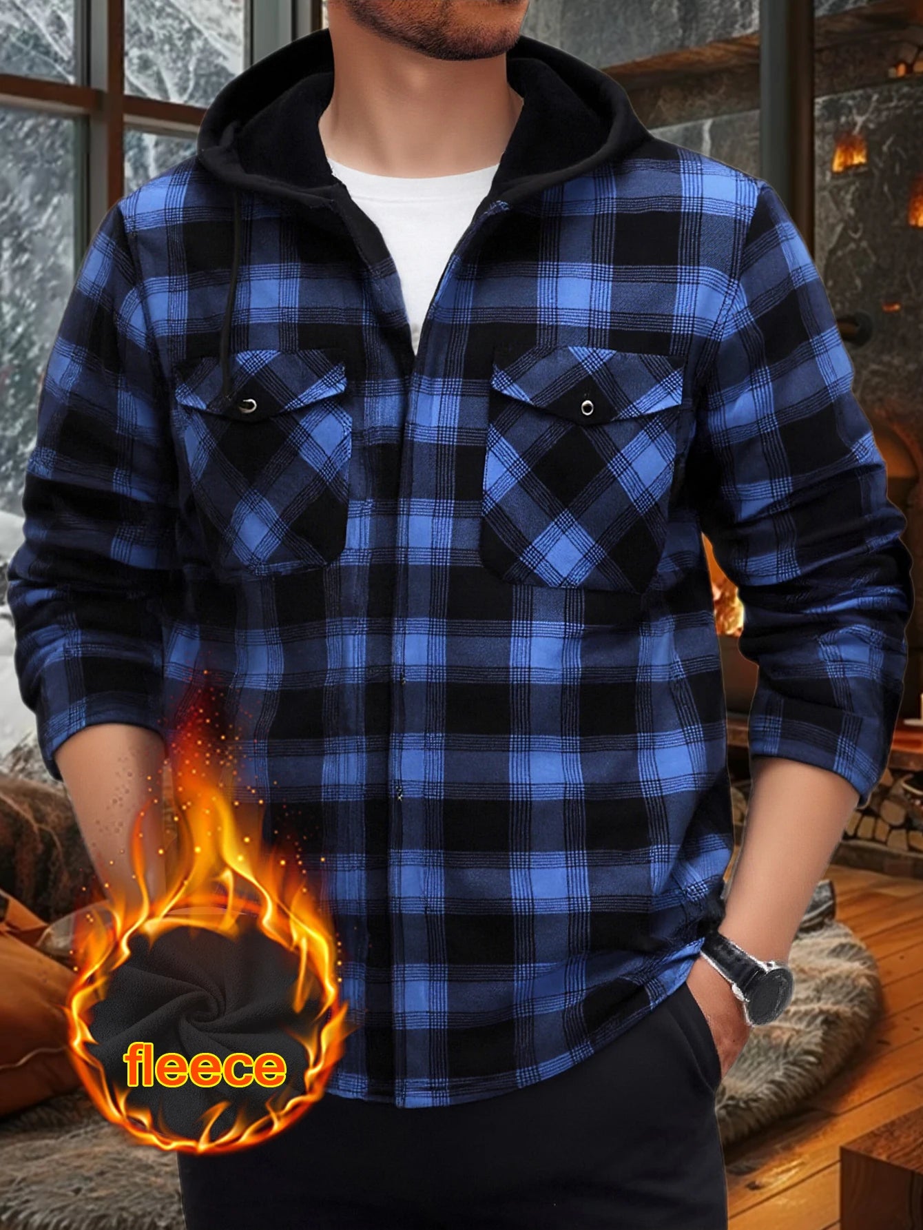 Men's Plaid Sherpa-Lined Hooded Jacket, 2025 New Winter Warm Fleece Loose Fit Long Sleeve Coat, Casual Outdoor Zip Up
