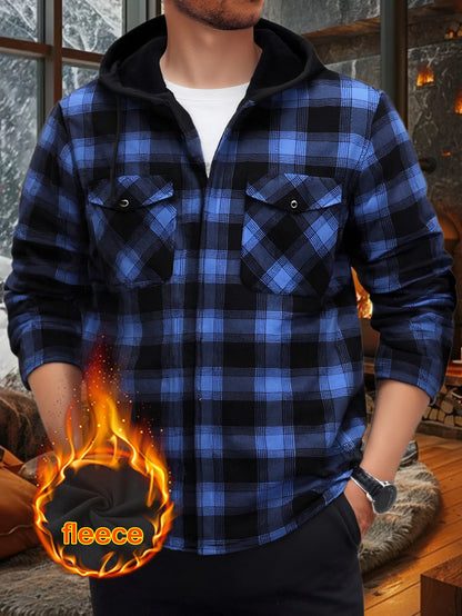 Men's Plaid Sherpa-Lined Hooded Jacket, 2025 New Winter Warm Fleece Loose Fit Long Sleeve Coat, Casual Outdoor Zip Up