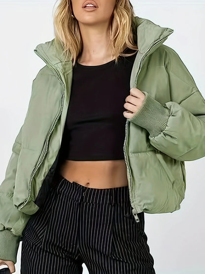 Thickened Oversized Cropped Puffer Jacket, Army Green Zip-Up Style, Women's Warm Top