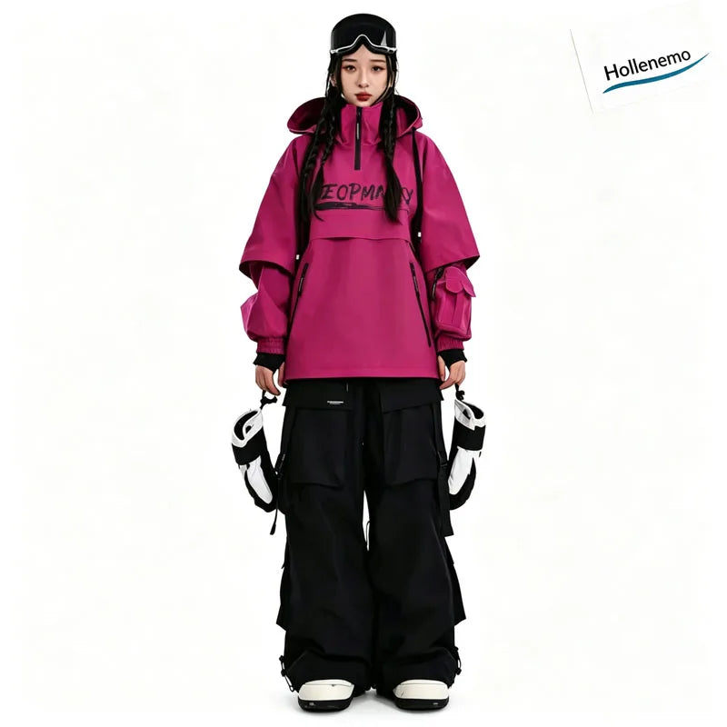 Men Women Winter Ski Snowboard Pants Cargo Multi‑Pocket Waterproof Windproof Drawstring Waist Adjustable Cuff Purple SnowTrouser