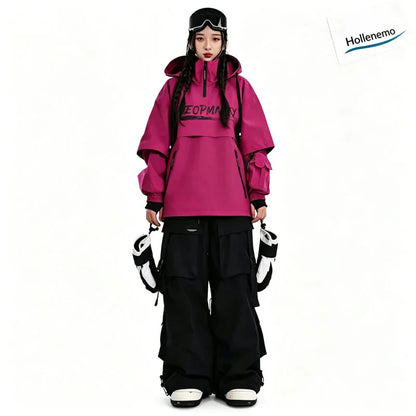 Men Women Winter Ski Snowboard Pants Cargo Multi‑Pocket Waterproof Windproof Drawstring Waist Adjustable Cuff Purple SnowTrouser