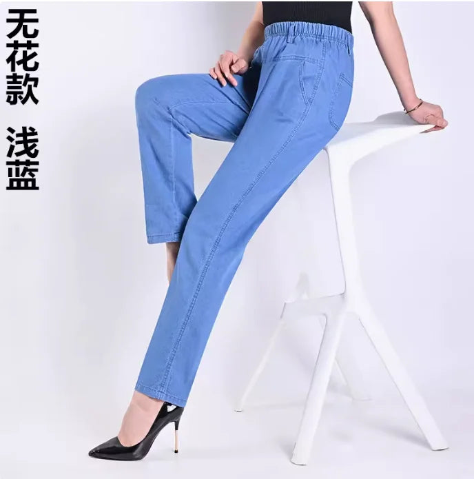 Middle-aged Women's Jeans Spring Summer Stretch Waist Straight Denim Pants Large Size Loose Casual Black Blue Denim Trousers 5XL