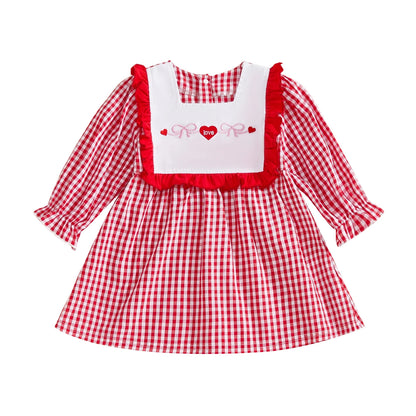 Baby Girl Valentine s Day Dress Red Heart Print Long Sleeve Square Neck Plaid Dress Holiday Outfit Toddler Princess Costume
