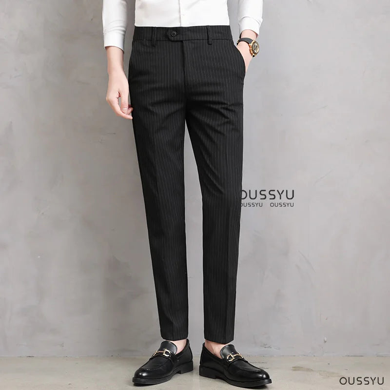 England Stripe Pattern Formal Dress Slim Fit Pants Men Summer Thin Light Gray Black Breathable Skinny Casual Trousers Male