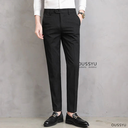 England Stripe Pattern Formal Dress Slim Fit Pants Men Summer Thin Light Gray Black Breathable Skinny Casual Trousers Male