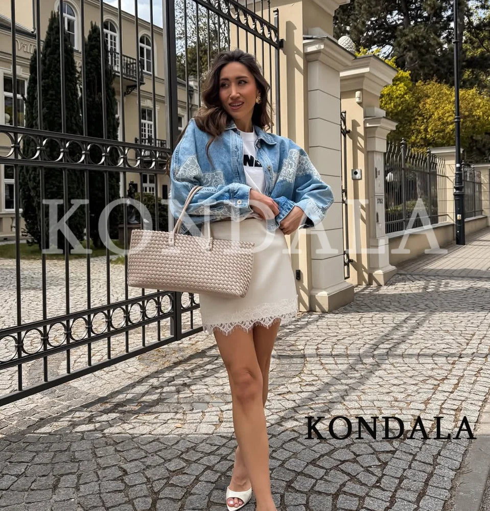 KONDALA Leisure High Street Denim Lace Jacket Women Elegant Trendy Bomber Jacket New 2026 Spring Fashion Ladies Buttons Jacket