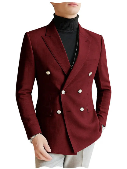 Men's Linen Blazer Double Breasted Slim Fit Breathable Suit Jacket Business Casual Gentlemen Coat Formal Wedding Party Dress