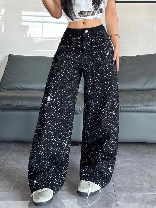 Women's American Retro Washed Niche Design Hot Diamond Black High-Waisted Jeans, Casual, Loose And Versatile Wide-Leg Pants, Trendy Straight Trousers
