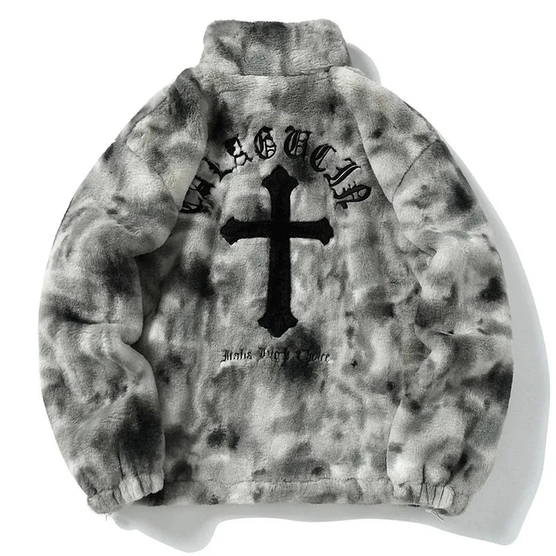 Streetwear Vintage Fleece Jacket Cross Embroidery Oversized Casual Fluffy Fuzzy Zipper Coat Harajuku Hip Hop Men Jackets 2023