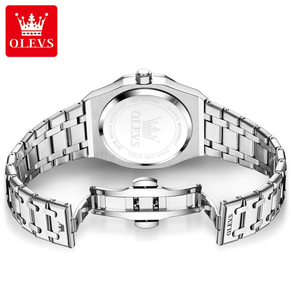 OLEVS Watches For Men Stainless Steel Strap Waterproof Luminous Dual Calendar Business Wristwatch Original Quartz Man Watch 3726