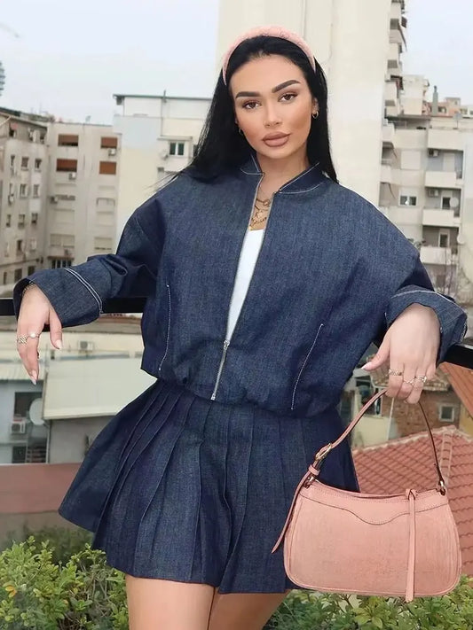 HH New Street Fashion Denim Bomber Jacket For Women Solid Color Stand Collar Zipper With Pocket Balloon Style Causal Coats